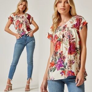 Andree By Unit Feminine Flowy Short Sleeve Colorful Floral Blouse Sz M
